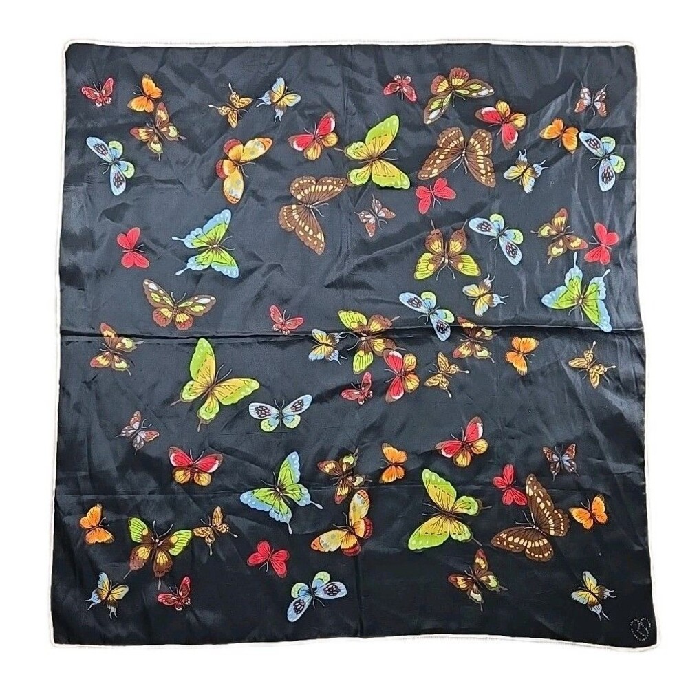 Ray Strauss Beautiful Silk Scarf Black with Colorful Butterflies  31" X 30"